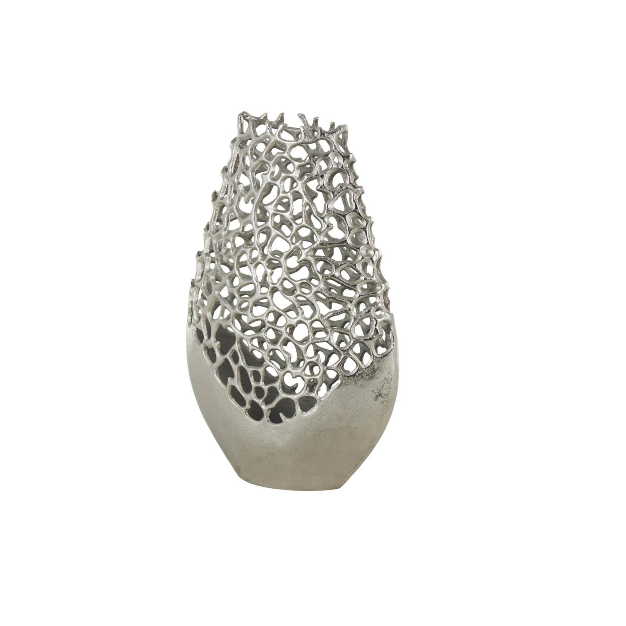 21" Silver Aluminum Metal Rounded Vase with Freeform Open Lattice Work